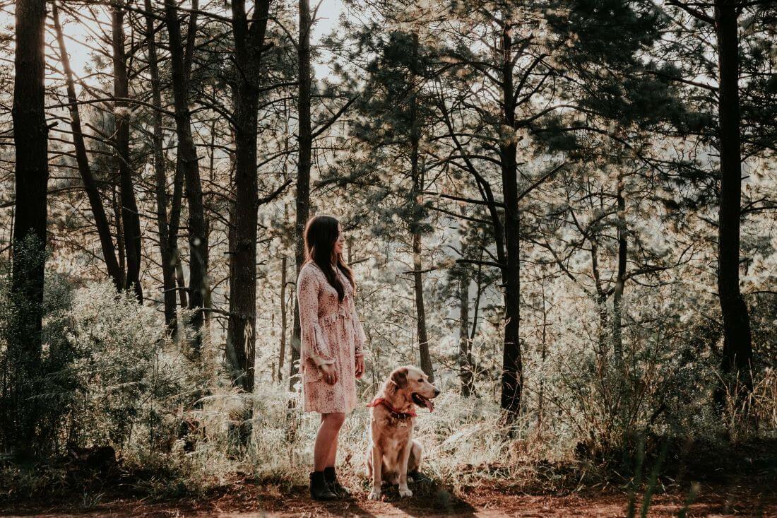 Kobieta z psem w lesie