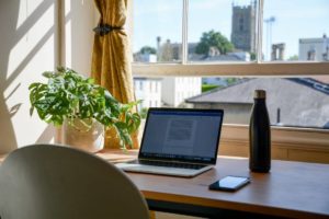 biuro w domu: laptop i kwiatek na biurku